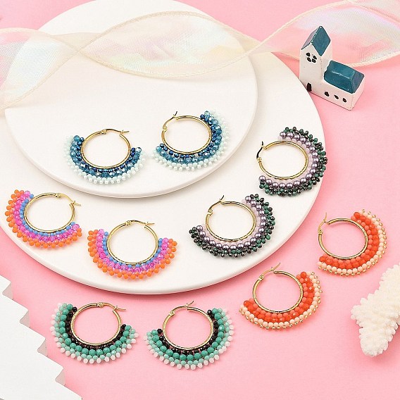 304 женские серьги-кольца из нержавеющей стали и бусин в стиле бохо, золотые