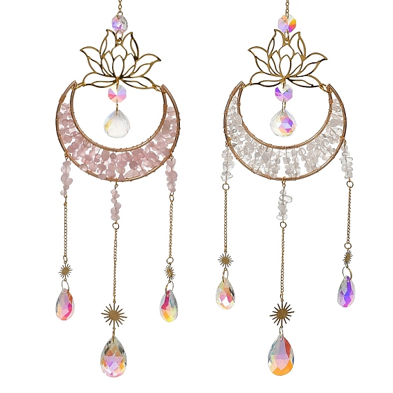 Moon Natural Gemstone Chips Hanging Suncatcher, Metal Lotus and Glass Teardrop Charms for Window Prism Wall Decor