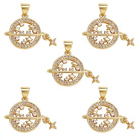 5Pcs Brass Micro Pave Clear Cubic Zirconia Pendants, Nickel Free, Flat Round with Star