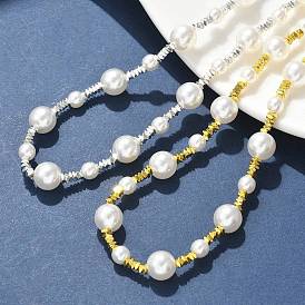 304 Женские круглые ожерелья из нержавеющей стали и пластика ABS с имитацией жемчуга, ионное покрытие (ip), белые