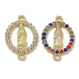 Religion Alloy Connector Charms, with Rhinestones, Flat Round Links with Virgin Pattern, Light Gold
