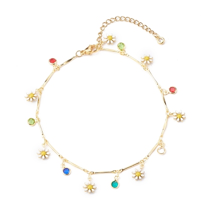 Brass Enamel Charm Anklets, with Glass and 304 Stainless Steel Lobster Claw Clasps, Flower, Colorful