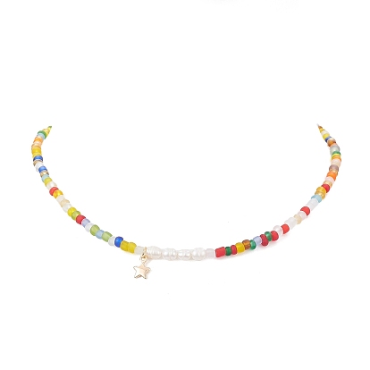 Collier pendentif étoile en laiton, collier de chaînes de perles naturelles et de perles de verre pour femme
