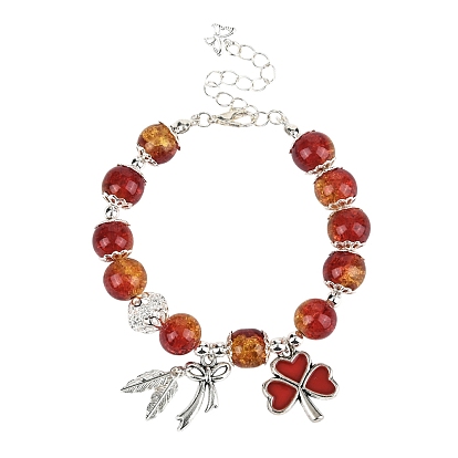 Браслеты с подвесками в виде клевера, листьев и банта из сплава и эмали, браслеты из круглых бусин из стекла с трещинами для женщин