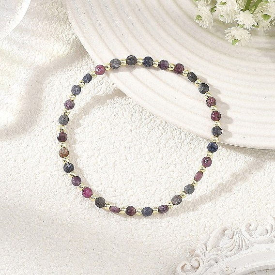 Natural Red Corundum/Ruby and Sapphire Faceted Beaded Stretch Bracelets for Women, Golden