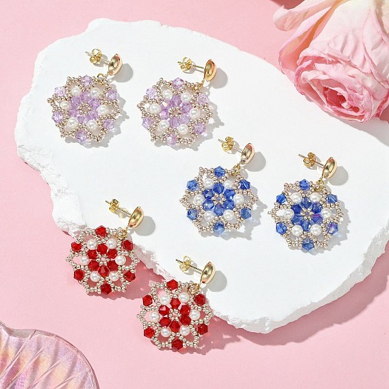 Flower Handmade Glass Seed Beads & Shell Pearl Dangle Stud Earrings, with Iron Stud Earring Findings, Golden