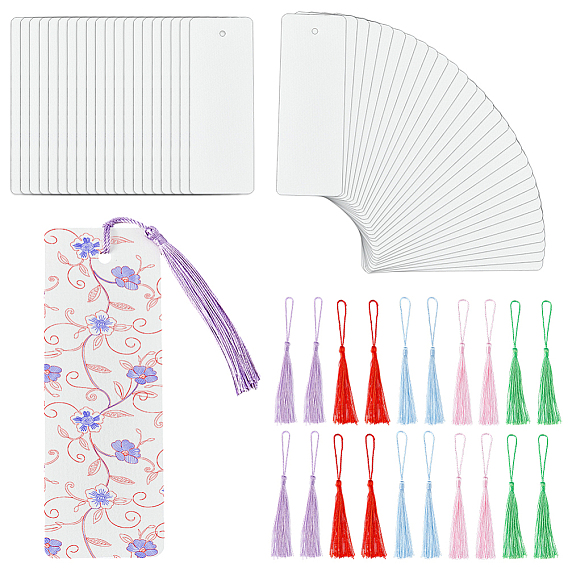 100Pcs Rectangle Blank Watercolor Paper Bookmarks, with 100Pcs Polyester Tassel Pendant Decorations
