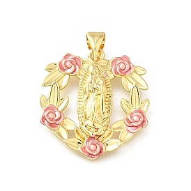 Латунь эмаль подвески, Дева Мария с цветочным амулетом, стойки покрытие, долговечный, без свинца и без кадмия, реальный 18 k позолоченный