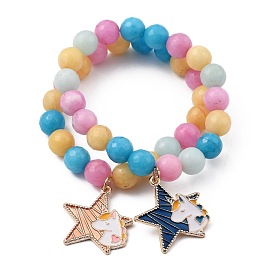 Round Natural White Jade(Dyed) Beaded Stretch Charm Bracelets, with Alloy Enamel Pendants, Star with Unicorn
