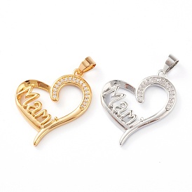 Brass Micro Pave Clear Cubic Zirconia Pendants, Long-Lasting Plated, for Mother's Day, Heart with Word Mam