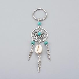 Porte-clés shell cauri, avec les accessoires en alliage de style tibétain, perles de turquoise synthétiques, 316 fermoir porte-clés en acier inoxydable chirurgical