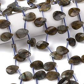 Природные лабрадорита бисер нитей, Грановитая Teardrop, Топ пробуренной, с пластиковыми трубчатыми бусинами