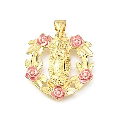 Латунь эмаль подвески, Дева Мария с цветочным амулетом, стойки покрытие, долговечный, без свинца и без кадмия, реальный 18 k позолоченный