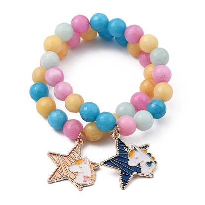 Round Natural White Jade(Dyed) Beaded Stretch Charm Bracelets, with Alloy Enamel Pendants, Star with Unicorn