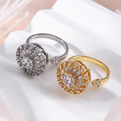 Вращающиеся открытые манжеты-кольца для женщин с изображением подсолнечника, латунный микропаве прозрачный кубический цирконий фиджет спиннер кольца
