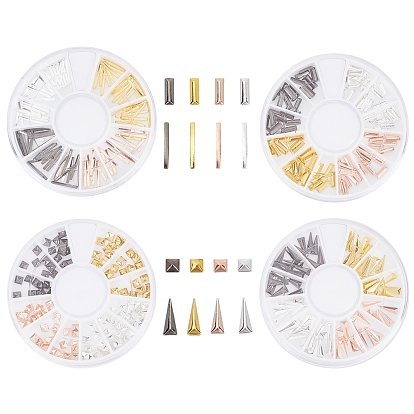 4 Boxes 4 Styles 4 Colors Brass Rivets Studs, Nail Art Decoration Accessories, Triangle, Golden & Rose Gold & Silver & Gunmetal