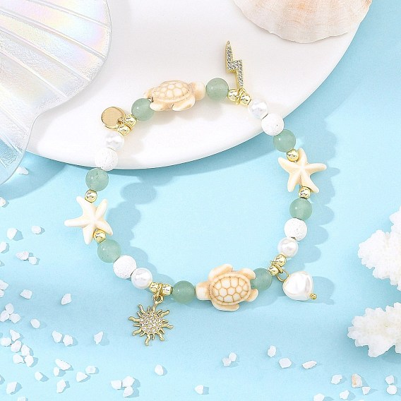 Natural Mixed Stone Beaded & Dyed Synthetic Sea Turtle Beads & Sun Charms Bracelets, with 304 Stainless Steel Chain Extenders and Brass Micro Pave Cubic Zirconia Pendants
