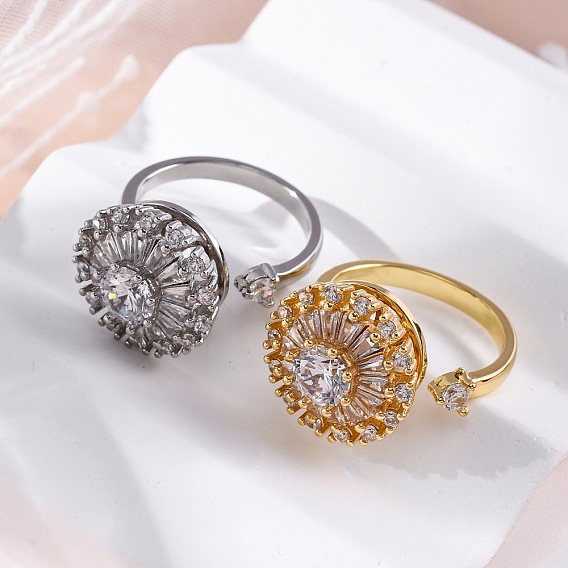 Вращающиеся открытые манжеты-кольца для женщин с изображением подсолнечника, латунный микропаве прозрачный кубический цирконий фиджет спиннер кольца