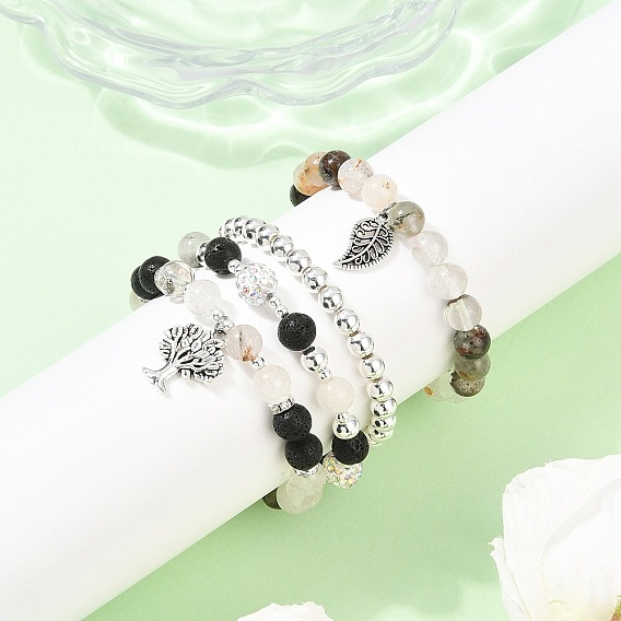 4 шт. 4 стили браслеты из натурального зеленого кварца и лавового камня с бусинами и подвесками из сплава для женщин