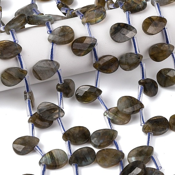 Природные лабрадорита бисер нитей, Грановитая Teardrop, Топ пробуренной, с пластиковыми трубчатыми бусинами