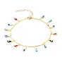 Brass Enamel Charm Anklets, with Brass Bar Link Chains and 304 Stainless Steel Lobster Claw Clasps, Colorful, Teardrop with Evil Eye
