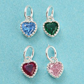 925 Sterling Silver Charms, with Cubic Zirconia, Faceted Heart, Silver