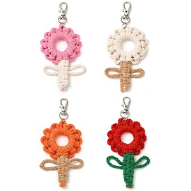 Flowers Woven Cotton Thread Pendant Decorations, Wood Beads and Alloy Swivel Clasps Charms for Bag Ornaments