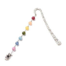 Tibetan Style Alloy Bookmarks, with Chakra Theme Frosted Natural Gemstone Beaded Pendant, Owl
