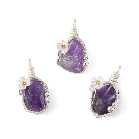 Pendentifs en améthyste naturelle sertis de fil de cuivre, Breloques en forme de pépites avec fleur en acrylique blanche