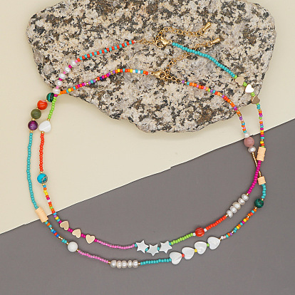 Colorful Glass Bead Necklace with Heart Shell and Gold-Plated Lobster Clasp Stainless Steel Bracelet for Women's Fashion Jewelry