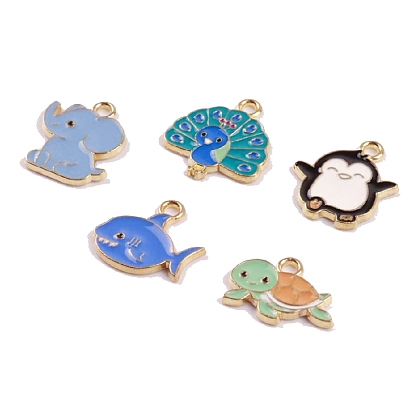 Animal Series Alloy Enamel Pendants, Golden, Elephant/Peacock/Penguin/Shark/Tortoise Charm