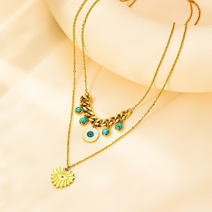 304 Colliers double couche en acier inoxydable émaillé avec pendentif cœur et œil protecteur et turquoise synthétique pour femmes