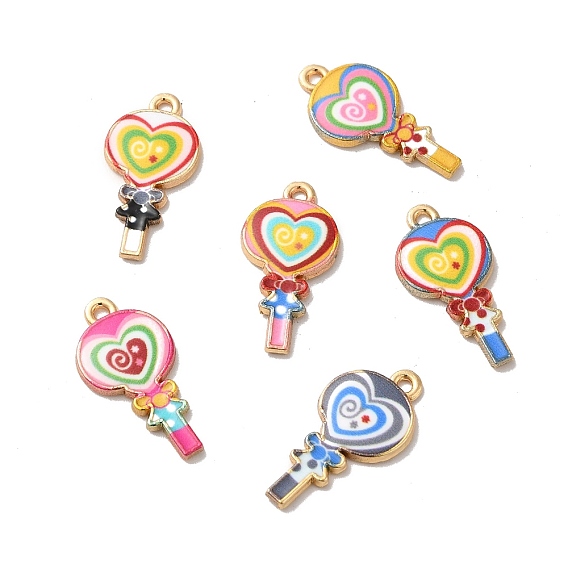 Alloy Enamel Pendants, Golden, Heart Lollipop Charm