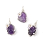 Copper Wire Wrapped Natural Amethyst Pendants, Nuggets Charms with White Acrylic Flower