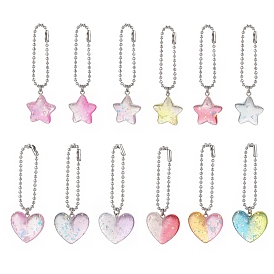 12Pcs 2 Styles Gradient Color Star & Heart Resin Pendant Decorations, with 201 Stainless Steel Ball Chain