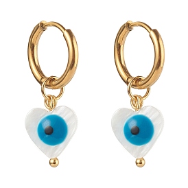 304 Stainless Steel Huggie Hoop Earrings, with Natural Shell Beads, Heart with Evil Eye, Dodger Blue