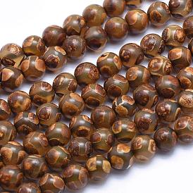 Tibetan Dzi Semi-Precious Stone Beads, Etched Line Natural Agate Beads, Dyed Coffee, Round