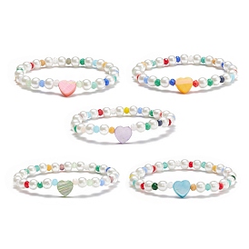 Natural Shell Heart Beaded Stretch Bracelet with Glass Pearl for Women