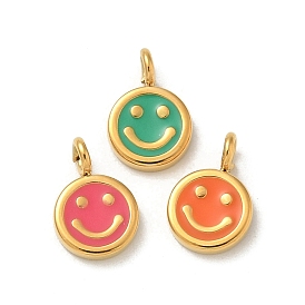 Ion Plating(IP) 304 Stainless Steel Enamel Charms, Real 14K Gold Plated, Flat Round with Smiling Face Charm