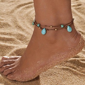 Браслеты на ногу в стиле бохо-стиль с каплевидной формой, синтетические бирюзовые и круглые пластиковые браслеты с вощеным шнуром, плетеные двухслойные, для женщин