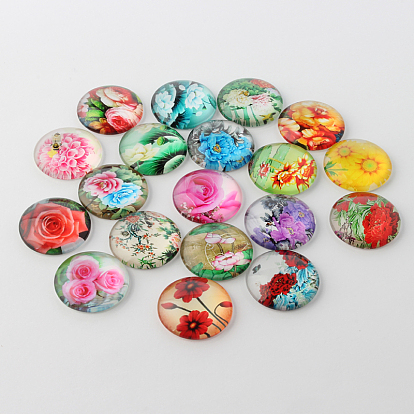Flower Printed Glass Cabochons, Half Round/Dome