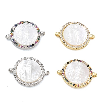 Colgantes de conector de zirconia cúbica micro pavé de latón chapado en rack, Redonda plana con eslabones de la Virgen María, con cáscara blanca natural, sin plomo y cadmio
