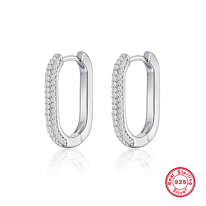 Oval Rhodium Plated 925 Sterling Silver with Rhinestone Hoop Earrings, with 925 Stamp