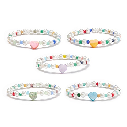 Natural Shell Heart Beaded Stretch Bracelet with Glass Pearl for Women