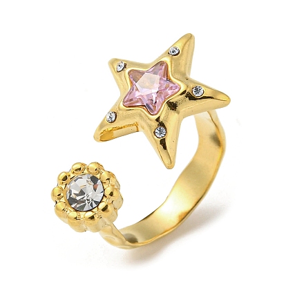 Pink Cubic Zirconia Star Open Cuff Ring, 304 Stainless Steel Finger Ring