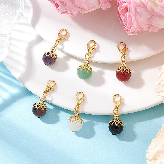 6 шт. круглые подвески из натурального черного оникса, сердолика, аметиста, тигрового глаза, зеленого авантюрина и белого нефрита, с карабин-лобстерами 