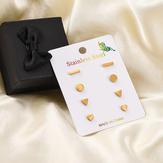 304 комплекты сережек-гвоздиков из нержавеющей стали, треугольник и прямоугольник и плоский круг и сердце
