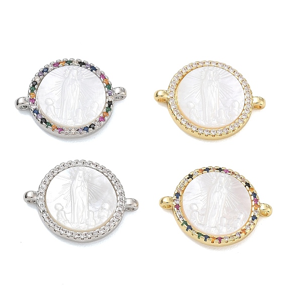 Colgantes de conector de zirconia cúbica micro pavé de latón chapado en rack, Redonda plana con eslabones de la Virgen María, con cáscara blanca natural, sin plomo y cadmio