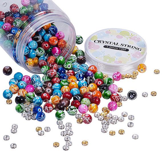DIY Jewelry Set Making, Acrylic Round Beads, Iron Rhinestone Spacer Beads and Elastic Crystal Thread