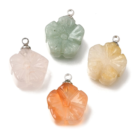 Natural Gemstone Pendants, with 201 Stainless Steel Loops, Flower Charms